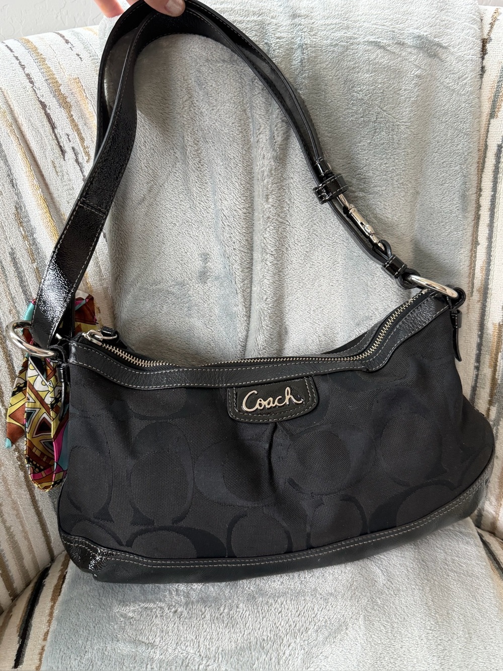 Coach Black Signature Jacquard Shoulder Bag or crossbody with Patent Trim